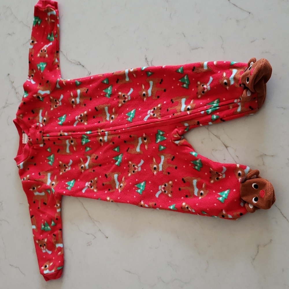 Rudolph Fleece Footie Sleeper PJs Boy Girl 9 Months Christmas Red Green Reindeer